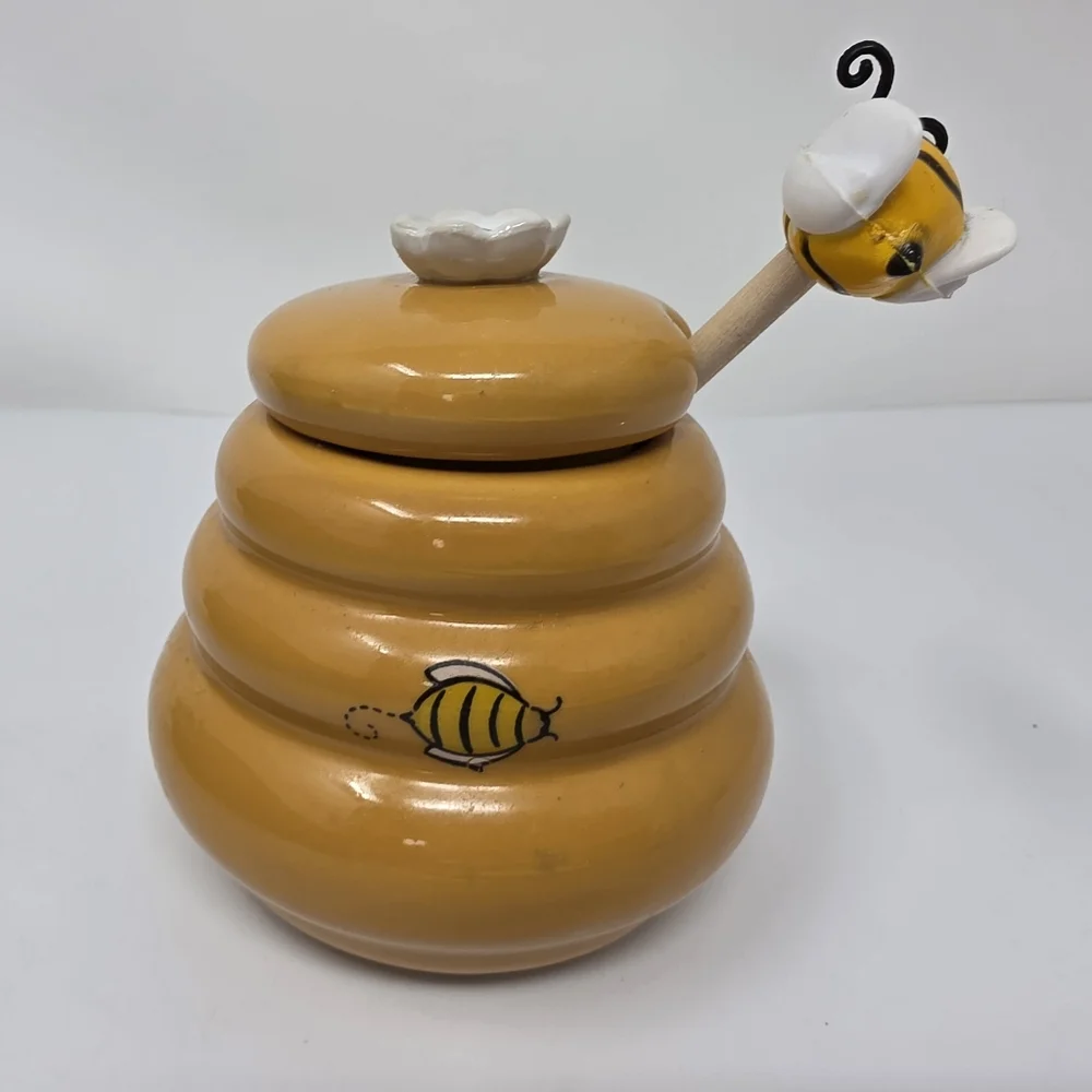 Ceramic Mini Honey Jar 140ml with Lid and Dipper Stick Retro Honey Storage Conta